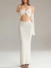 SHEIN Unity 女士纯色挂脖长袖扭结简约开衩后背毛衣连衣裙