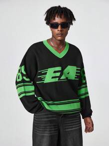 Manfinity EMRG Men's Solid Color Patchwork Letter Print Knit Casual Pullover