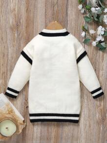 SHEIN Girls Simple Casual College Stylish Badge Embellished Short White Sweater Dress - Beige - View 2