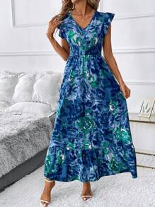 SHEIN Clasi Green Floral Print  Summer Long  Dress For Women - Multicolor - View 3