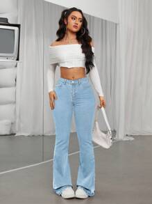 SHEIN ICON Women's Fashionable Solid Blue Denim Flared Pants