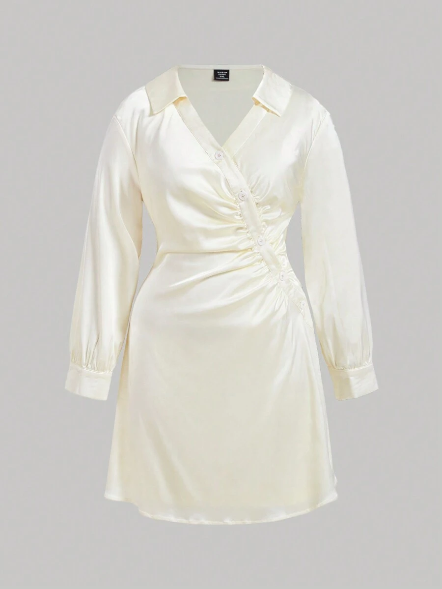 SHEIN MOD Plus Size Màu mơ cổ áo bất đối xứng Váy satin bóng - Màu be - Xem 1