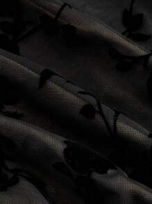 SHEIN MOD Plus Size Netted Flocked Ruffled Bell Sleeve High Slit Mid-Length Black Dress - Black - View 4