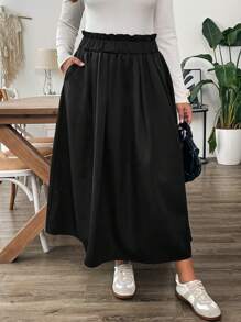 SHEIN Essnce Falda larga negra con bolsillo y dobladillo en A para mujeres talla grande, ropa de otoño, ropa informal para ir a trabajar, escuela u ocasiones casuales, nueva moda para el otoño - Negro - Ver 3