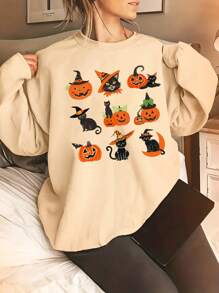 SHEIN EZwear Casual Minimalist Halloween Tic-Tac-Toe Pumpkin & Black Cat Print Apricot Oversized Sweatshirt For Women