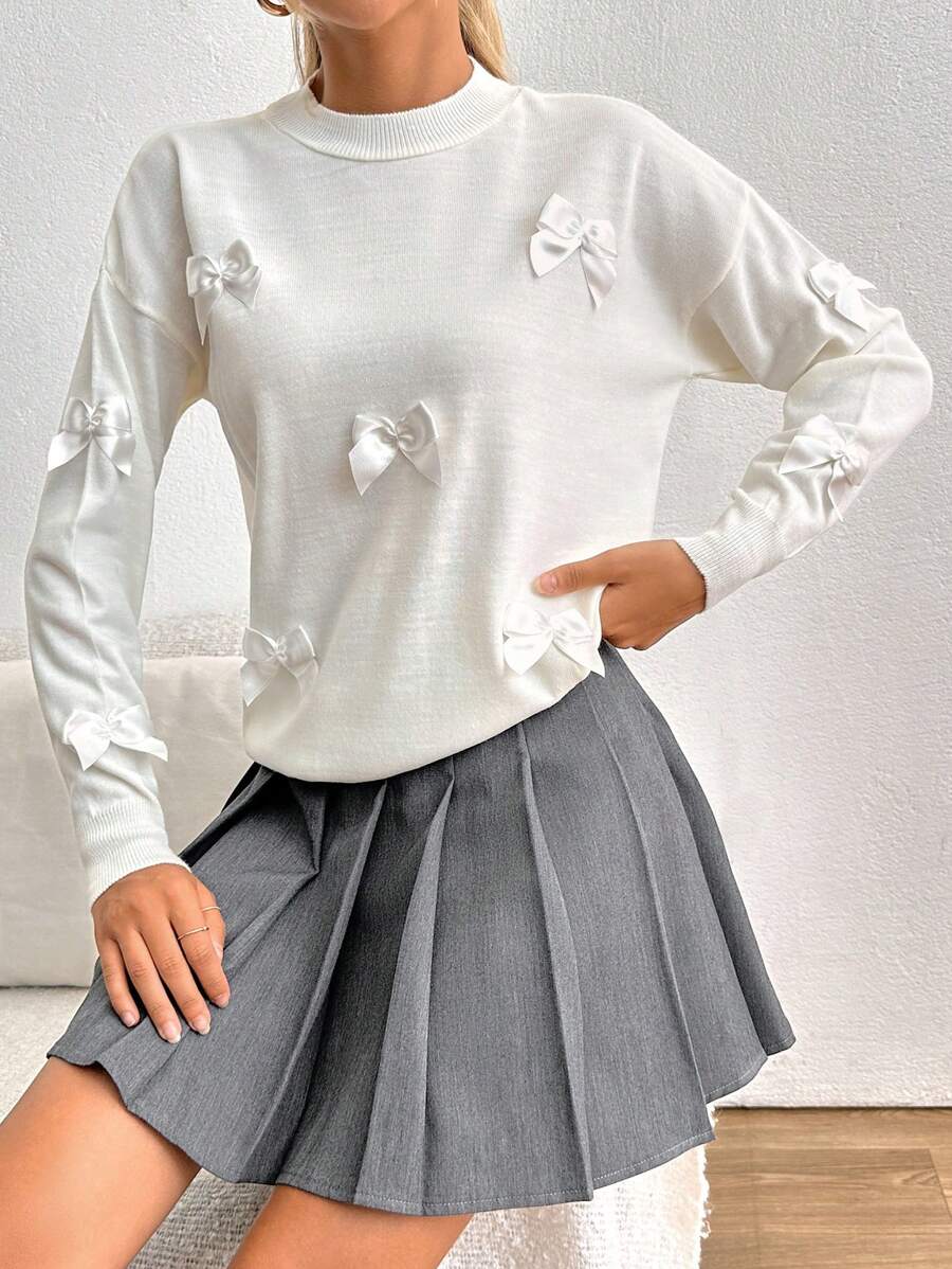 EURMUSE Petite Bow Detail Thick Winter Cute Elegant Street Sweater ,Petite Women - White - View 1