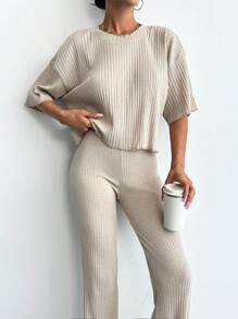 SHEIN Tall Enkel Summer Solid Loose Drop Shoulder Kortärmad topp och raka byxor - Beige - Visa 4