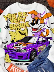Cartoon Race Car Dog, Ghost Halloween Print, Halloween Sweatshirts Tween Girl Here For The, Cute Groovy Halloween Sweatshirts, Toddler Sweatshirts Retro Halloween, Halloween Girl Sweatshirts, Spooky Vibes, Halloween Party Gift, Tween Girl Casual Crew Neck Long Sleeve Sweatshirts Suitable For Autumn/Winter - Multicolor - View 3