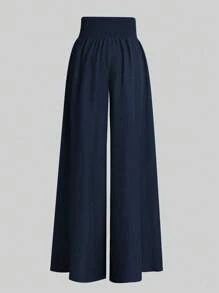 SHEIN LUNE Women's Solid Color High Waist Pleated Wide Leg Loose Elegant Office Pants Fall Cloth For Women - Navy Blue - View 2