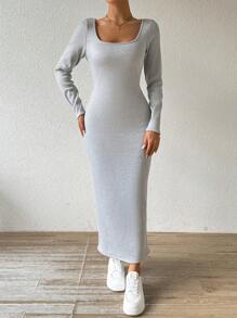 Chiquease Vestido Longo de Manga Longa Minimalista e Casual de Cor Sólida para Mulheres - Cinza - Visão 6