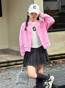 SHEIN Tween Girl Collegiate Style Casual Sports Colorblock Flat Knit Letter Grafisch Kort Roze Jasje Buitenkleding