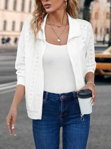 INAWLY Chaqueta con cremallera de manga larga, de unicolor y minimalista, para uso diario, para mujer - Blanco - Ver 1