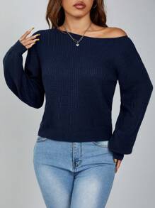 SHEIN PETITE Pullover Slanted Shoulder Ribbed Women's Sweater,Long Sleeve Tops