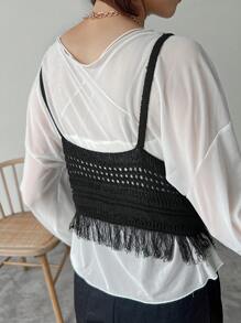 FRIFUL Áo hai dây dệt kim tua rua màu trơn thường ngày dành cho nữ, Xuân/Hè trong suốt Thu - màu đen - Xem 2