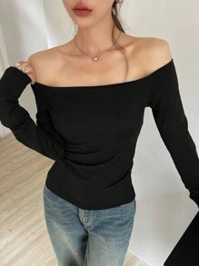 DAZY 女士春秋露肩纯色修身T恤，黑色长袖，返校服 - 黑色 - 查看 6