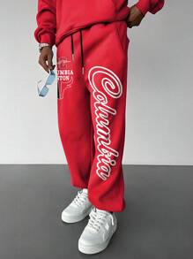 Manfinity EMRG Plus Size Men's Letter Print Drawstring Waist Sweatpants - Red - View 1