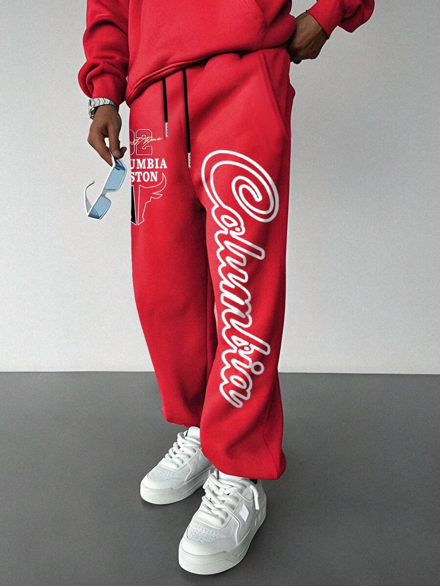 Manfinity EMRG Plus Size Men's Letter Print Drawstring Waist Sweatpants - Red - View 1
