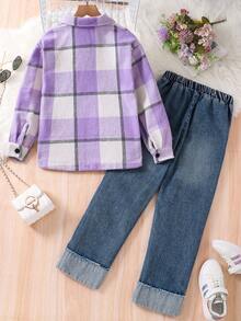 Sparklyn 2pcs Tween Girl Plaid Blouse And Jeans Set Fall Winter - Multicolor - View 2