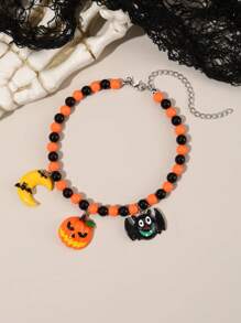 1pc Adjustable Pet Necklace With Halloween Pumpkin, Bat, Wizard Hat Beaded Pendant For Small To Medium Dogs