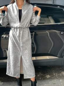 DAZY 女士厚实保暖长款宽松休闲连衣裙，秋季连衣裙长袖连衣裙 - 淺灰色 - 查看 5