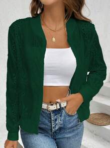 SHEIN LUNE Damen Baseball Jacke in Unifarbe mit Stickerei, Frühling & Herbst - Dunkelgrün - Übersicht 1