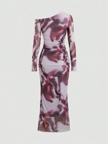 Sweetra Spring Autumn Fashion Tie Dye Mesh Asymmetric Dress - Multicolor - View 2