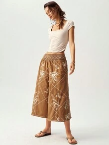Bohemela Pantalon large et ample à jambe évasée avec décoration brodée pour femmes, adapté aux vacances