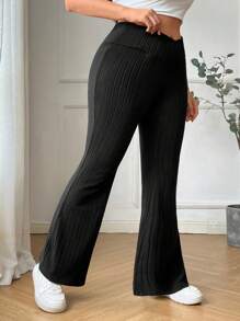 SHEIN EZwear Plus Size Women Back To School Campus Style Casual Leggings, Ribbed Knit Fabric Yoga Pants With Elastic Waistband & Flared Hem, Suitable For Daily, Work & Workout