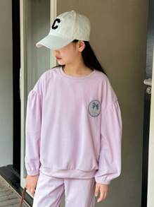 SHEIN 2 件 Tween Girl 纹理针织超大款运动衫，带蝴蝶结印花和休闲裤套装 - 淡紫色 - 查看 4