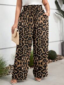 SHEIN LUNE Plus Size Women's Ruffle Trim Front Tie Leopard Print Pocket Casual Pants