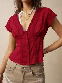Bohemela Women's Solid Color Short Sleeve Front Button Casual Blouse - Red - View 3