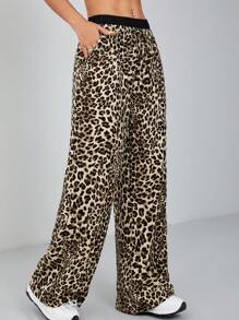 SHEIN PETITE Women's Leopard Print Woven Wide Leg Trousers - Brown - View 7