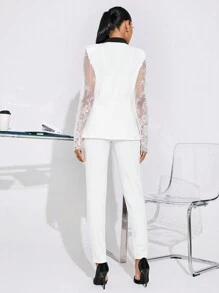 SHEIN SXY Office Siren Fall Women Clothes Spring & Autumn Lace Splicing Contrast Color Lapel Blazer Jacket And Pants Elegant 2-Piece Suit - White - View 2