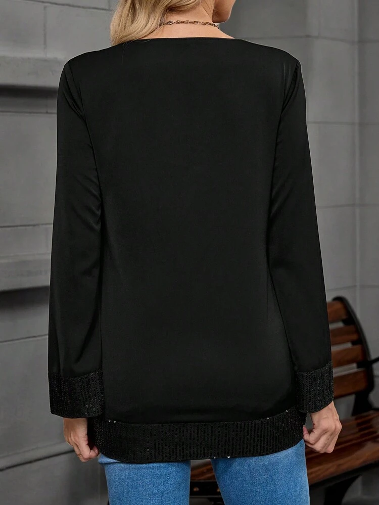 Women's Solid Color Minimalist Casual Sequin Embellished Long Sleeve Blouse