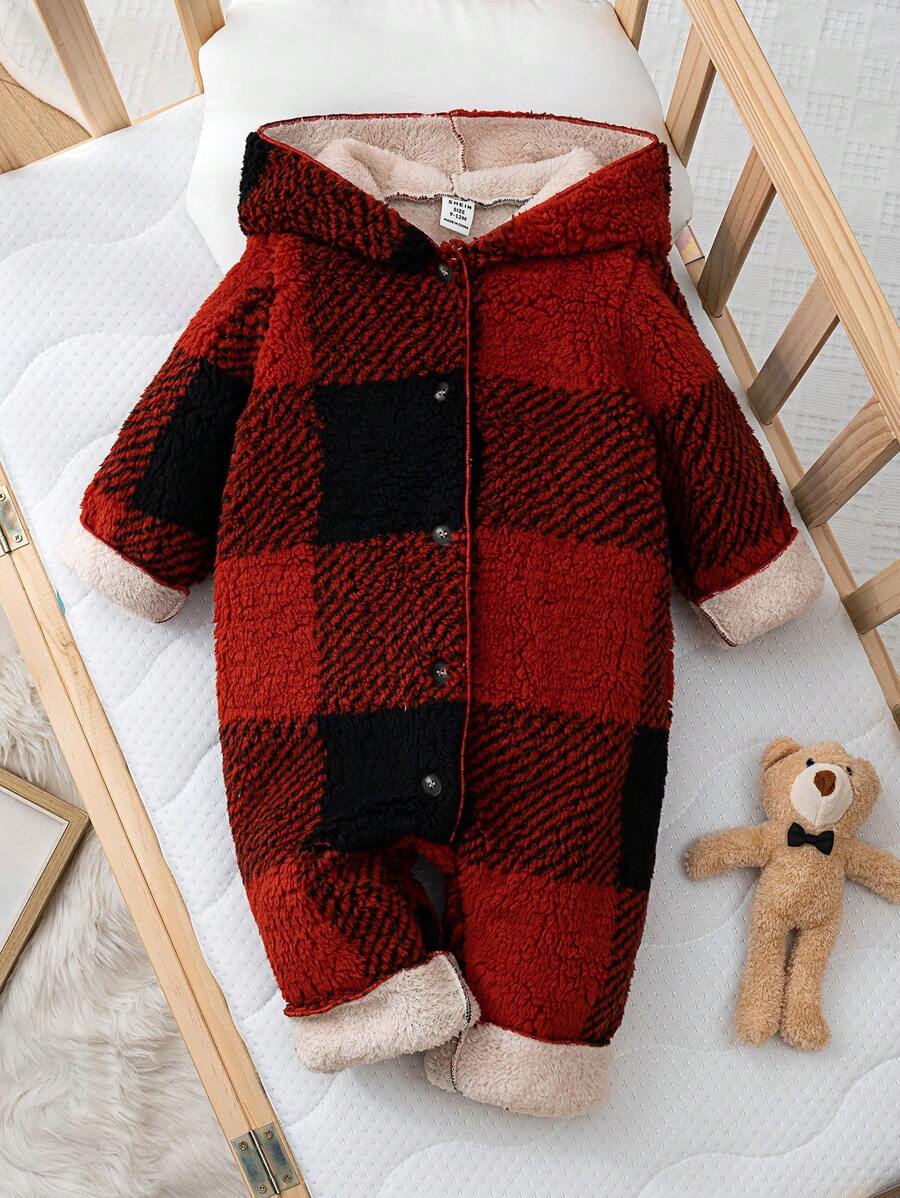 SHEIN Bộ đồ liền thân có mũ trùm đầu bằng lông cừu ấm áp cho bé trai và bé gái sơ sinh - Đỏ - Xem 1