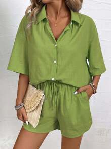 EMERY ROSE Solid Button Front Blouse& Drawstring Waist Shorts - Lime Green - View 3