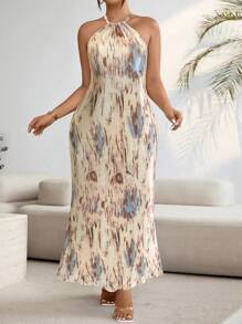 SHEIN Clasi Plus Size Elegant Tie-Dye Dress With Halter Neckline Women Outfit, For Summer - Apricot - View 4