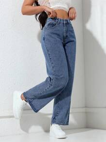 SHEIN PETITE 女士休闲破洞直筒牛仔裤 - 中等水洗藍 - 查看 4