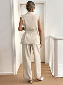 SHEIN Essnce Women's Summer,Fall Clothes,  Office Wear Women Set  Summer New Old Money Style ,Fashionable Casual Commuting Vacation Work Office Wear Business Casual Pride Outfits  Solid Color Single-Breasted Sleeveless Blazer And Long Pants, Fall Elegant Suit Se - Apricot - View 4