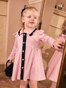 SHEIN 女婴优雅复古针织纹理拼色毛衣裙，秋冬款 - 彩色 - 查看 5