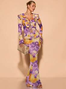 SHEIN BAE Váy che phủ họa tiết hoa lưới cho nữ, khu nghỉ dưỡng mùa hè - Màu tím - Xem 1