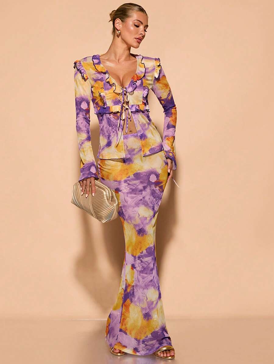 SHEIN BAE Váy che phủ họa tiết hoa lưới cho nữ, khu nghỉ dưỡng mùa hè - Màu tím - Xem 1