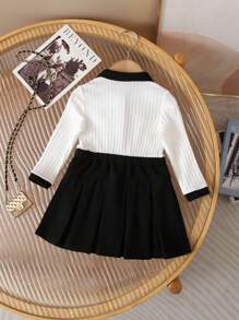 Baby Girl's Adorable Knitted Colorblock Metal Button Collar Pleated Long Sleeve Dress - Black and White - View 2