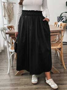 SHEIN Essnce Falda larga negra con bolsillo y dobladillo en A para mujeres talla grande, ropa de otoño, ropa informal para ir a trabajar, escuela u ocasiones casuales, nueva moda para el otoño - Negro - Ver 5