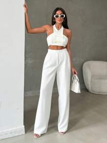 Women's Stylish Solid Color High Waist Straight Pant With Button And Zipper Details