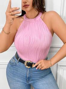 Calvaya Plus Size Casual Solid Color Textured Halter Bodysuit, Summer - Pink - View 1