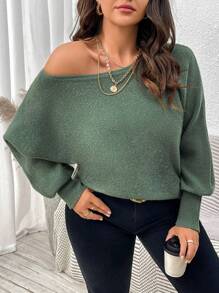 Calvaya Plus Size Spring/Autumn New Arrival Popular Casual Off Shoulder Green Batwing Sleeve Fitted Pullover Sweater - Green - View 7