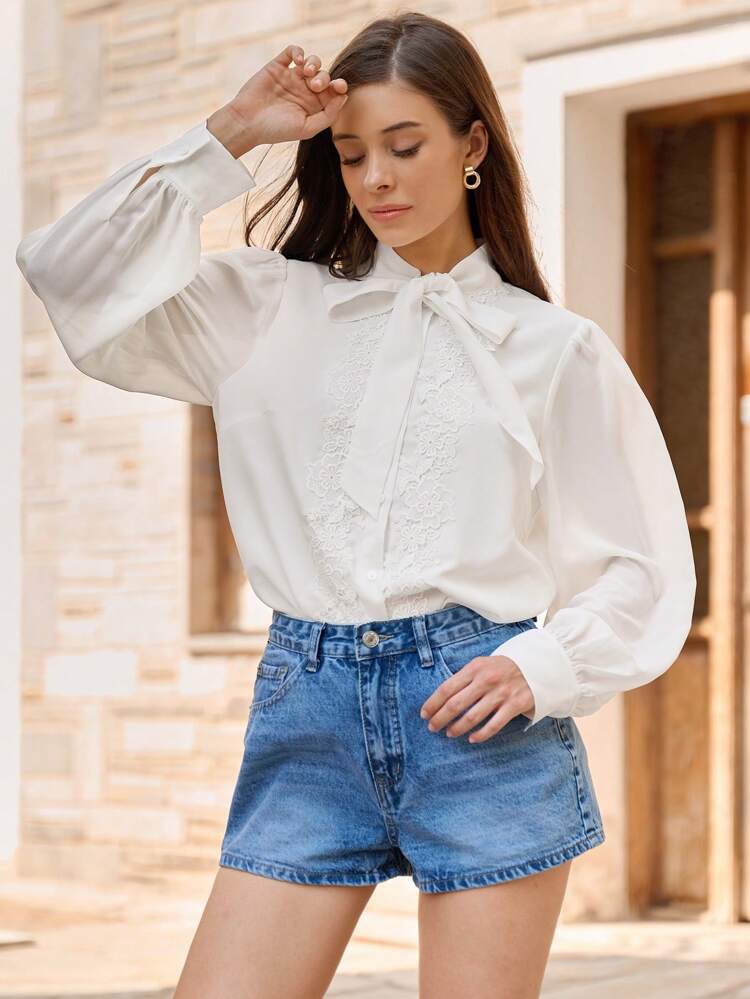 Romantic Fall Holiday White Elegant Solid Color Lace Patchwork Collar Tie Front Floral Embroidery Blouse,Teacher Clothes&Office Wear Women Set