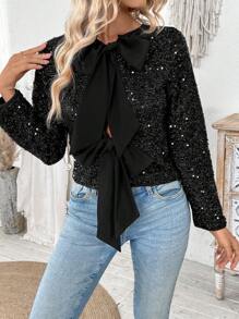 Chiquease Veste avec détail de nœud papillon scintillante, noire avec sequins, à manches longues, deux façons de porter, printemps/automne - Noir - Voir 7