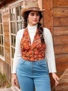 SHEIN MOD Top tipo tank con cuello halter, de talla grande, con estampado floral retro hippie, parches de encaje - Multicolor - Ver 1